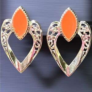 Vintage Signed VAL Orange Enamel Gold Plated Drop Pierced Earrings